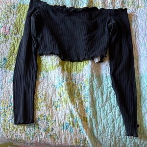 Black Ribbed Off-Shoulder Long Sleeve Crop Top